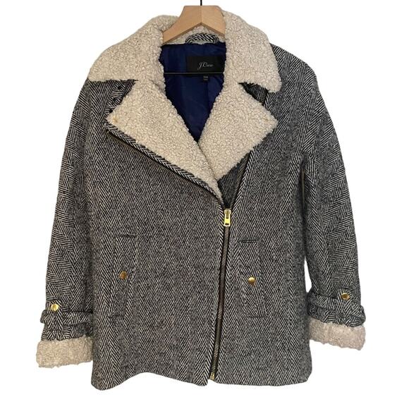 J. Crew Oversized Herringbone Sherpa Moto Jacket Size XXS - Picture 3 of 7